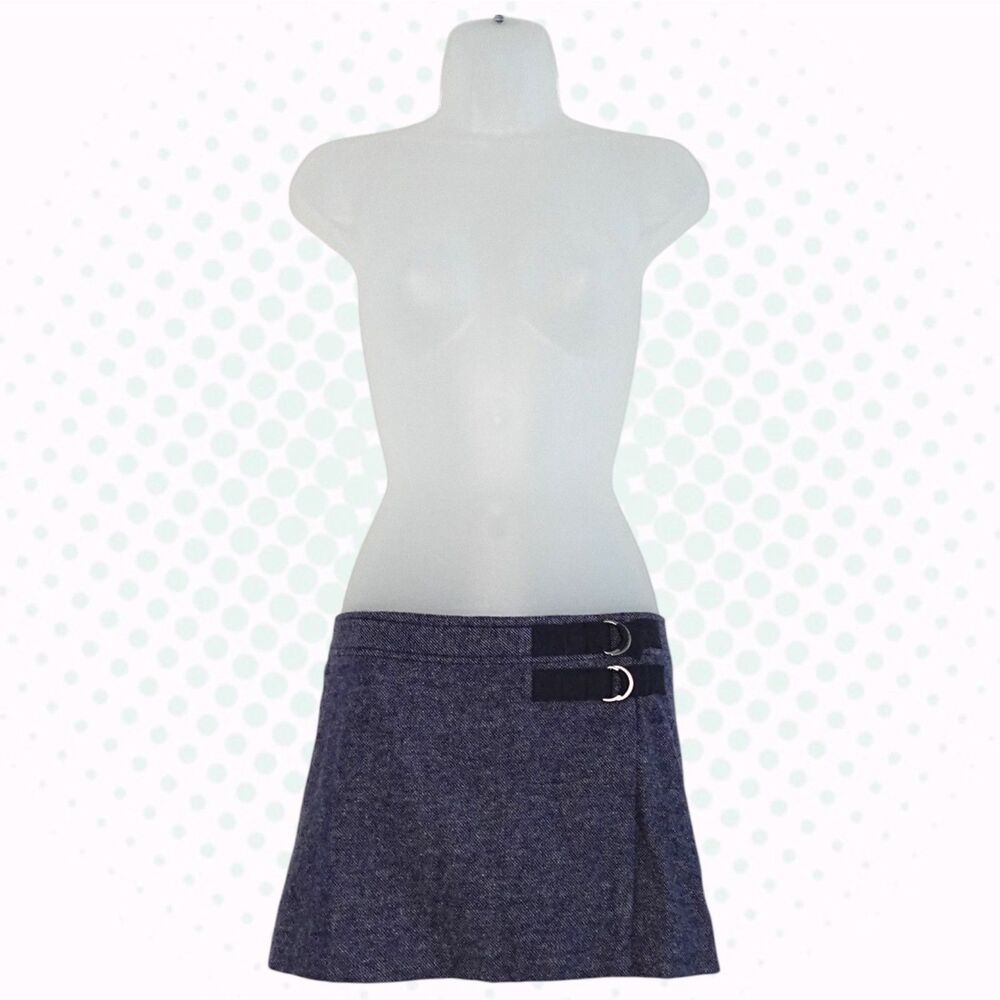 Vintage Juicy Couture Y2K Navy Tweed Low Rise Pleated Buckle Mini Skirt Size 4